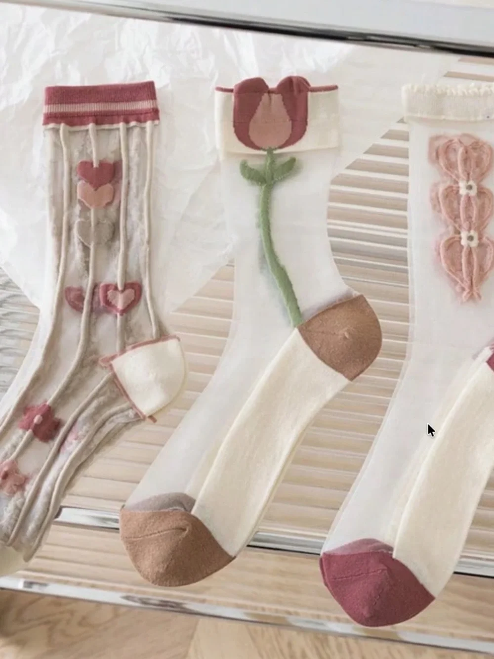 Boho Colorful Floral Heart Semi Sheer Socks Set - 4 random pairs